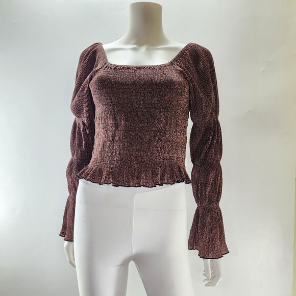 Anthropologie Shimmer Puff Sleeve Smocked Cropped Peplum Top Small Cocoa Brown - Picture 3 of 12